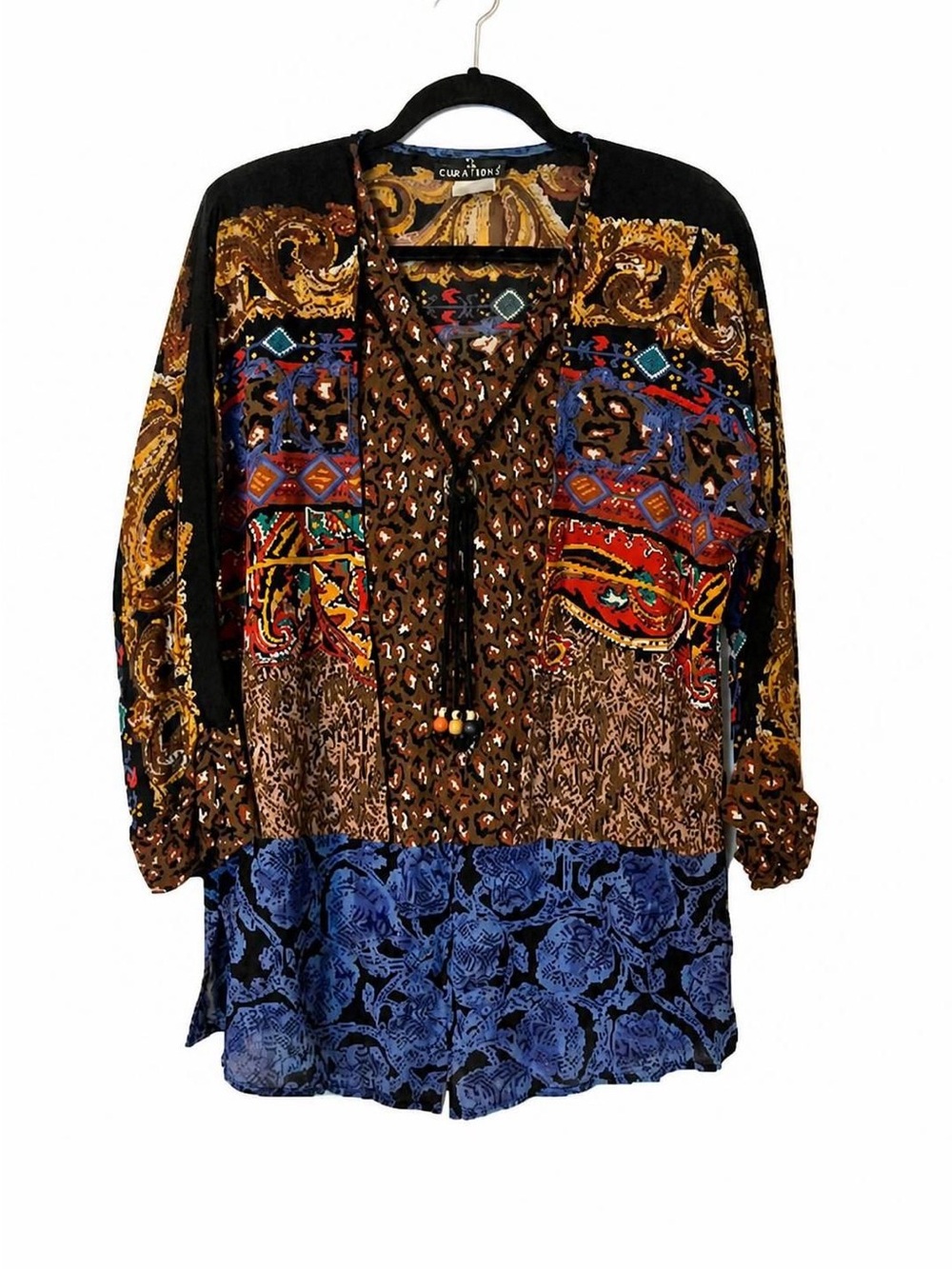 Carole Little Multicolor Mixed-Print BOHO Tunic with Tassel Tie